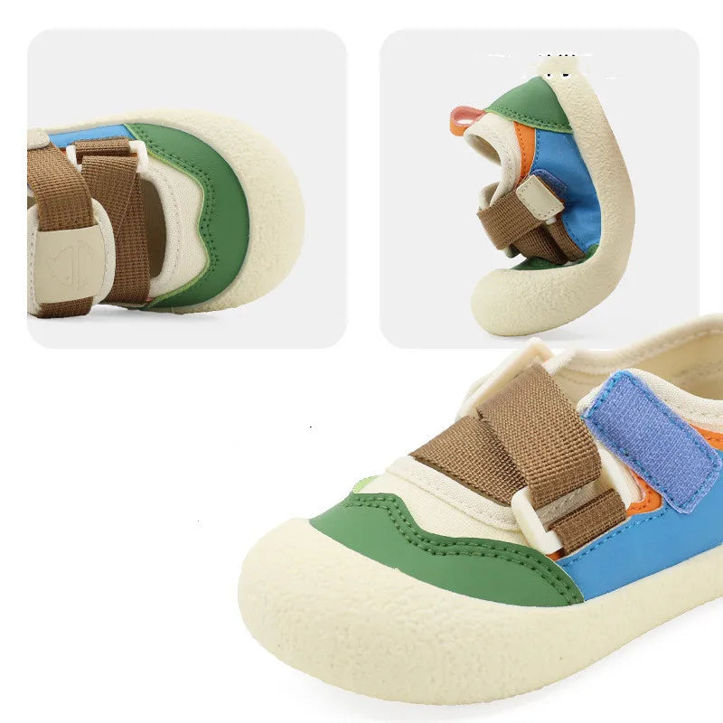 Close-up views of a green colorblock sandal showing wide brown straps, side openings and a cream toe