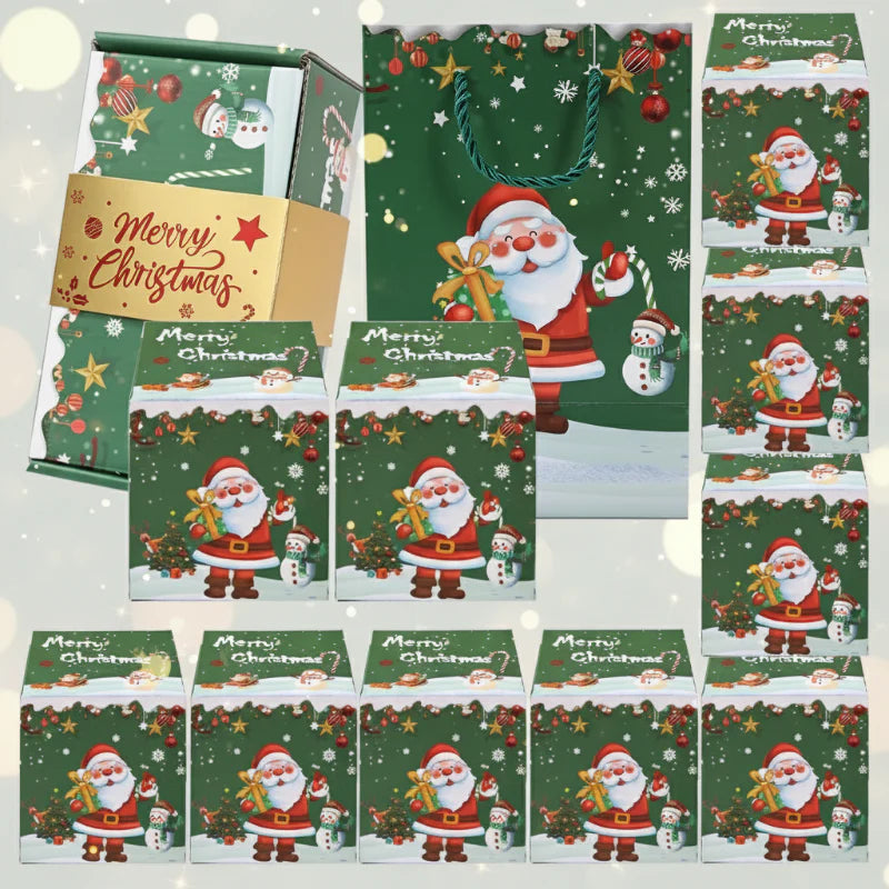 Green Christmas gift box pieces laid out with Santa and snowman designs