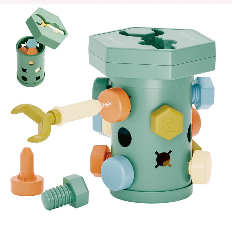 Green screw activity toy with colorful threaded pieces, a toy wrench, and a removable lid.