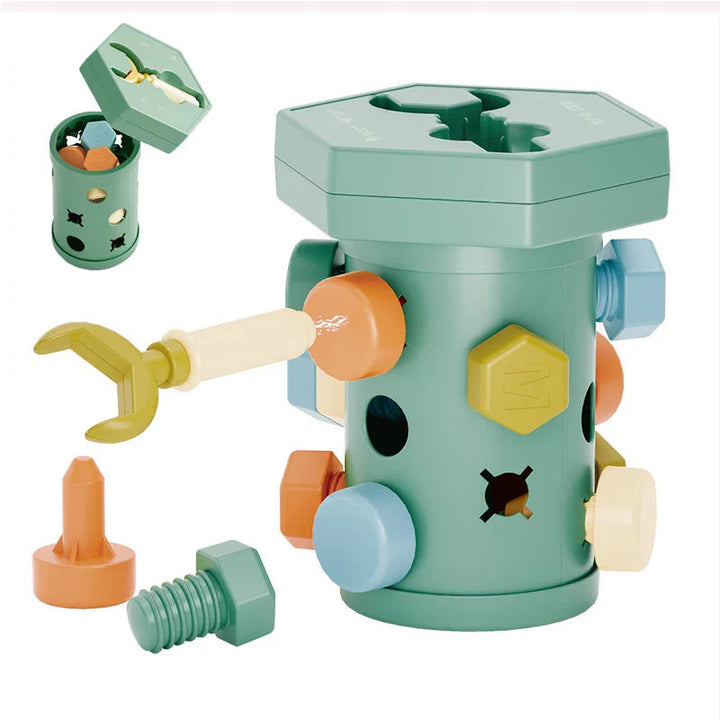 Green screw activity toy with colorful threaded pieces, a toy wrench, and a removable lid.