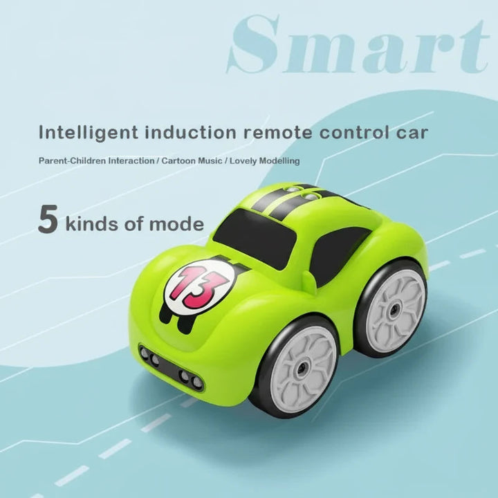 Green cartoon car with roof stripes, white wheels and front sensors