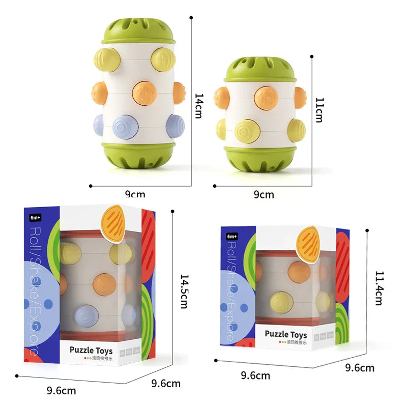 Green sensory rollers in 11 x 9 cm and 14 x 9 cm sizes, with retail box measurements below