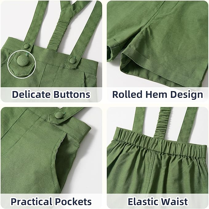 Green shorts details showing buttons, rolled hems, pockets, and an elastic waistband