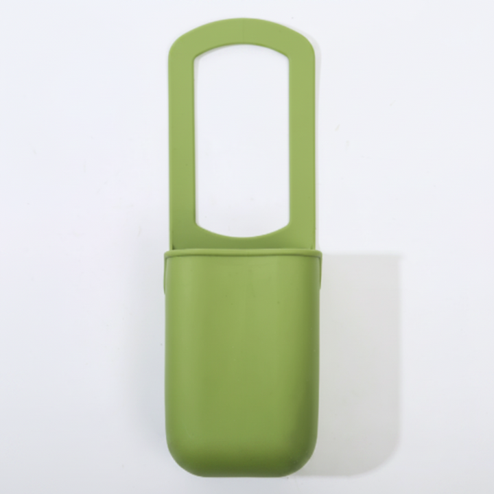 Green silicone cup holder with an open cup section and hanging loop.