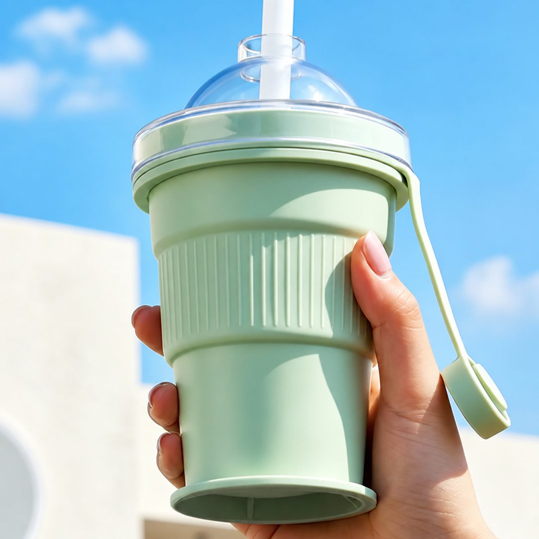 Green silicone drinking cup with a ribbed grip, clear lid, and straw held outdoors