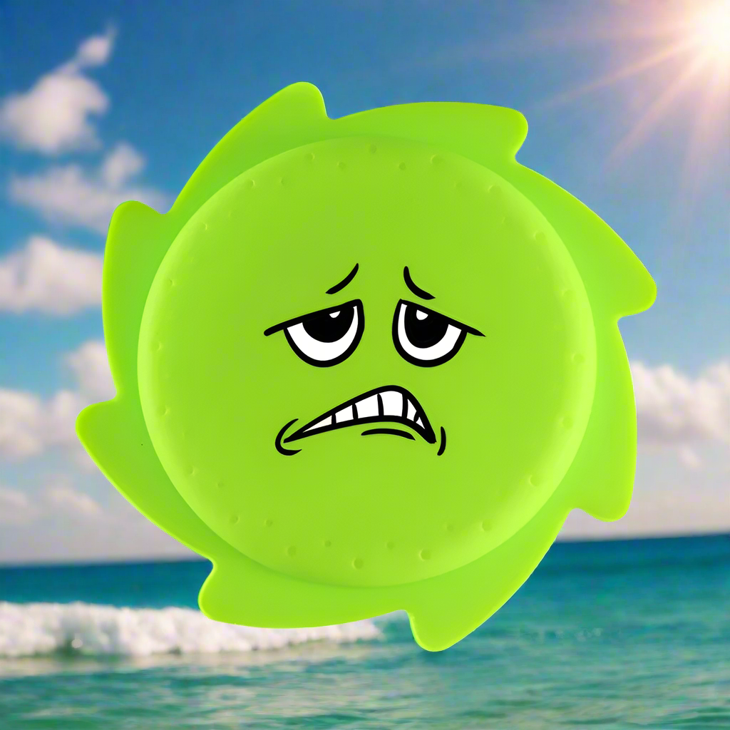 Green silicone water flying disc with a worried cartoon face
