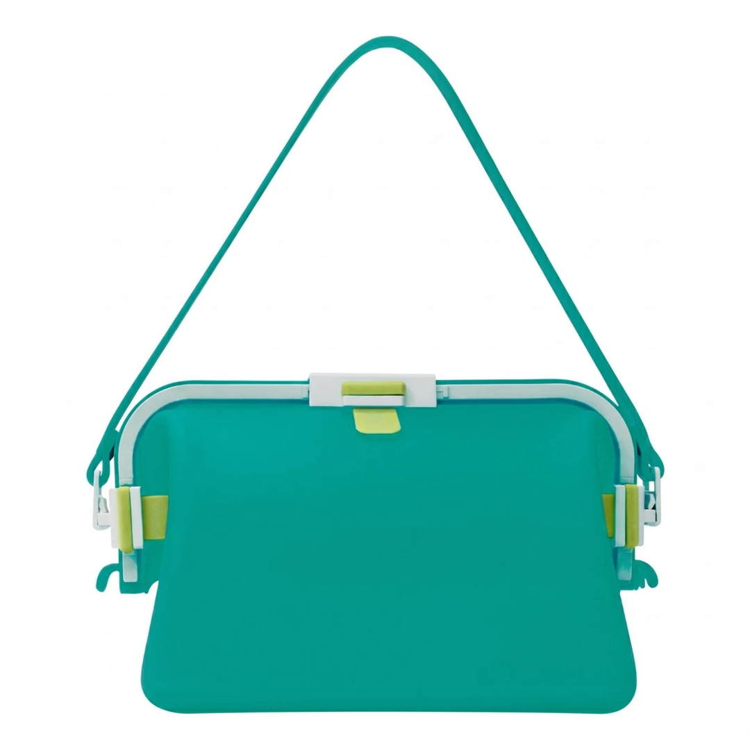 Green silicone shoulder bag with a matching strap and contrasting top clasp.