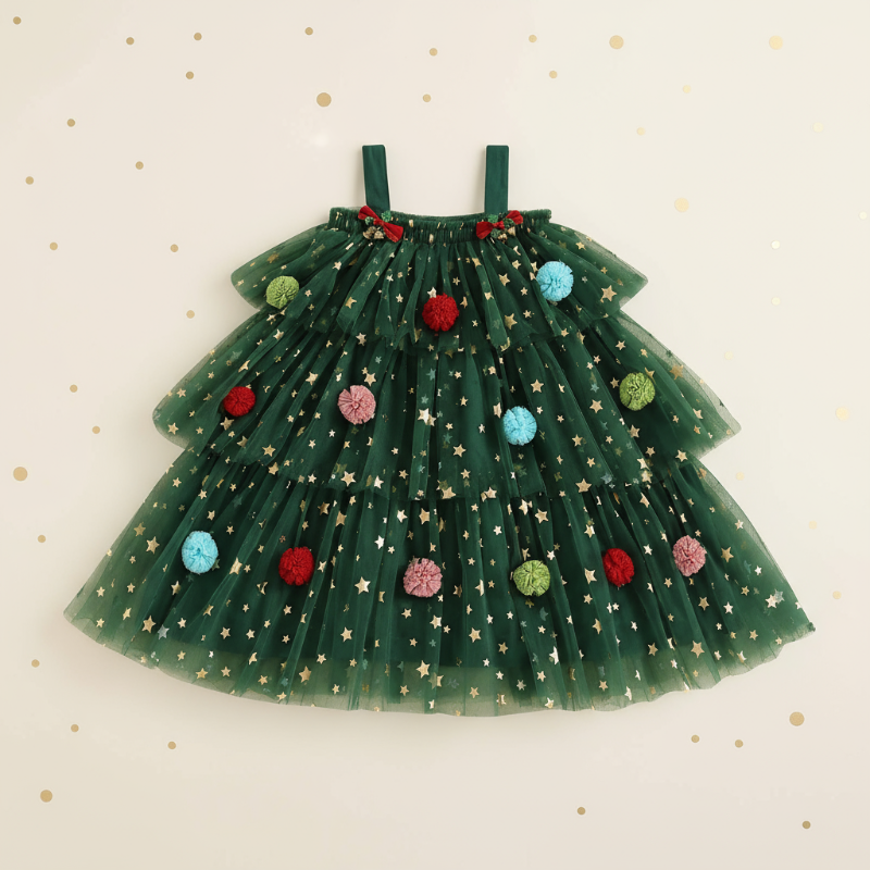 Green sleeveless Christmas dress with gold star details and colorful pom-poms