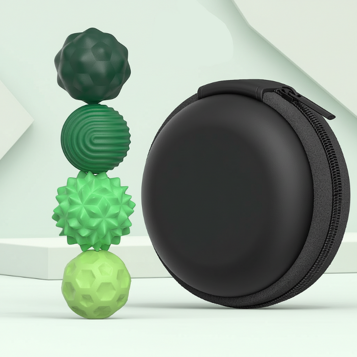 Four small green textured magnetic beads beside a round black zippered case