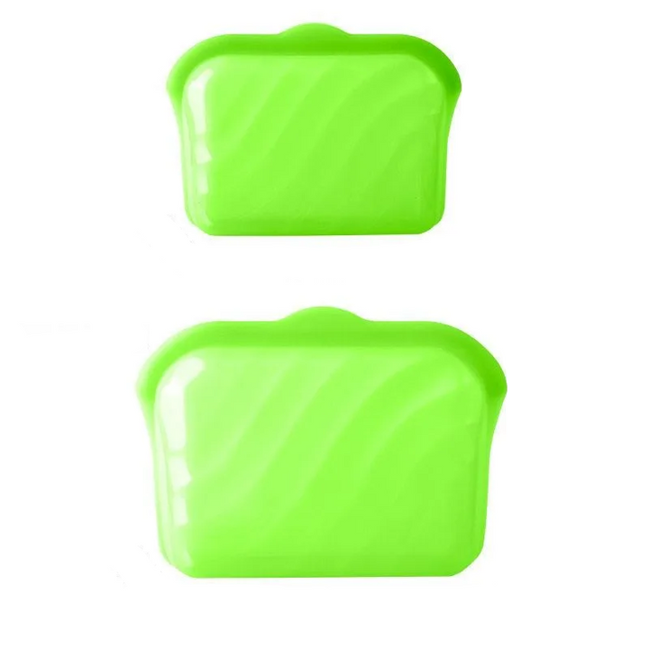 Small and large green silicone food storage bags shown together.