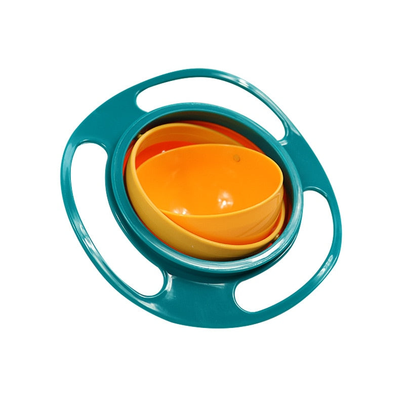 Green rotating snack bowl with an orange inner bowl and three handles