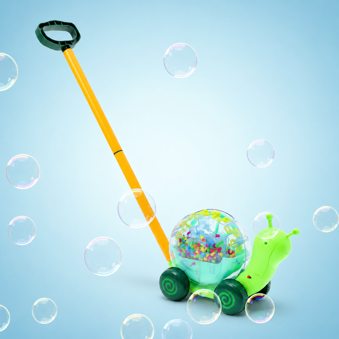 Rear view of a green snail bubble blower with its long handle and clear rounded shell