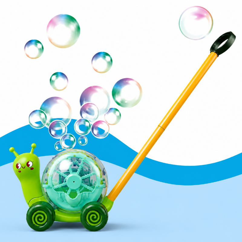 Green snail bubble blower with dark green wheels, a yellow push handle, and bubbles overhead