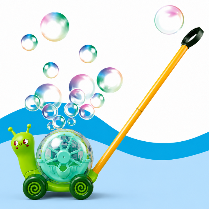 Green snail bubble blower with dark green wheels, a yellow push handle, and bubbles overhead