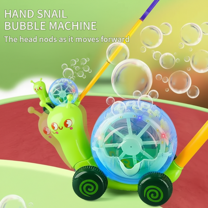 Green snail bubble blower with a long yellow handle and bubbles above its clear shell