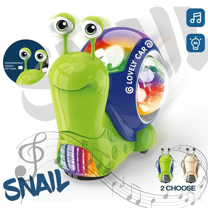 Green snail toy with a blue shell, colorful lights, and music and lighting symbols