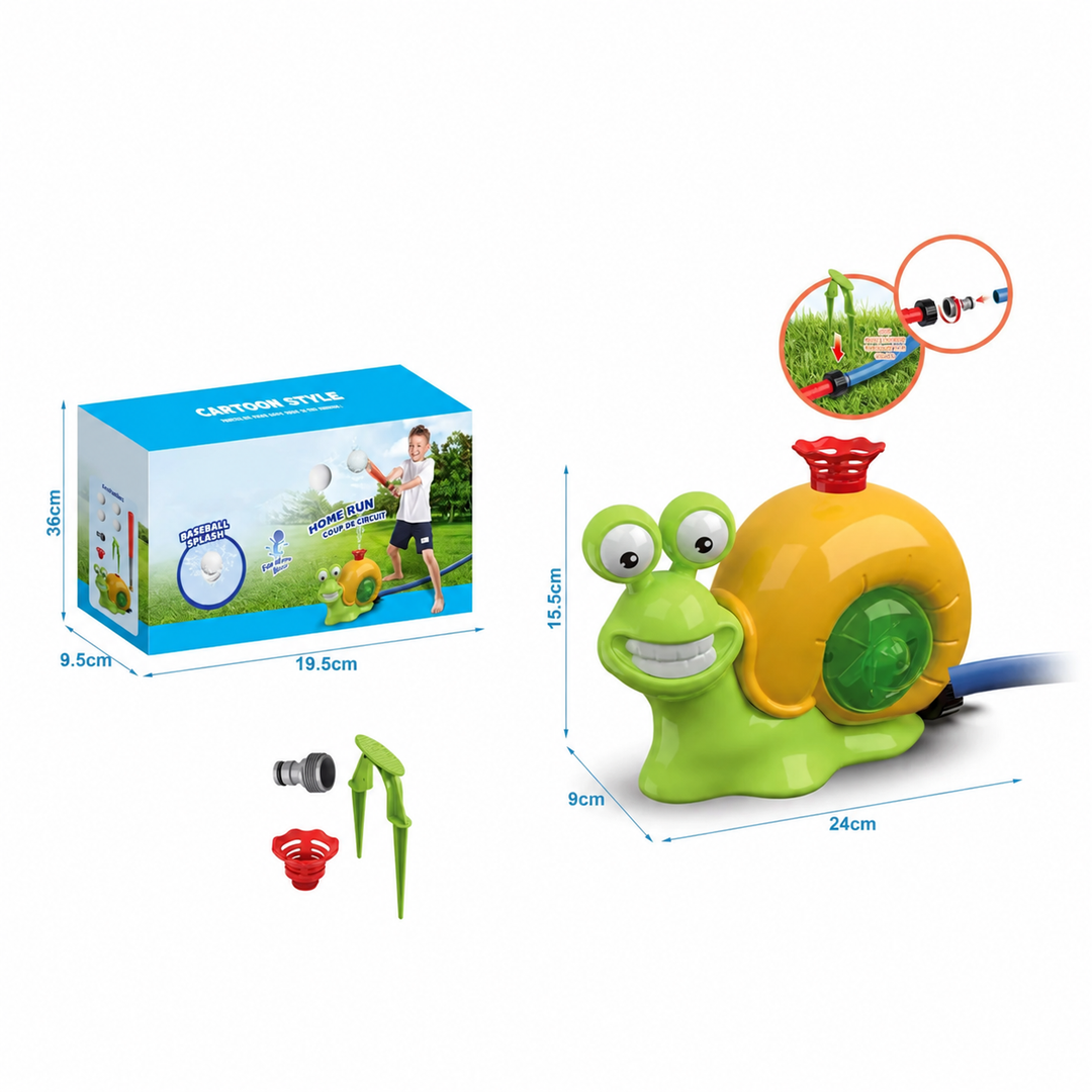 Green snail sprinkler with a yellow shell, hose fitting, red attachment, and ground stake