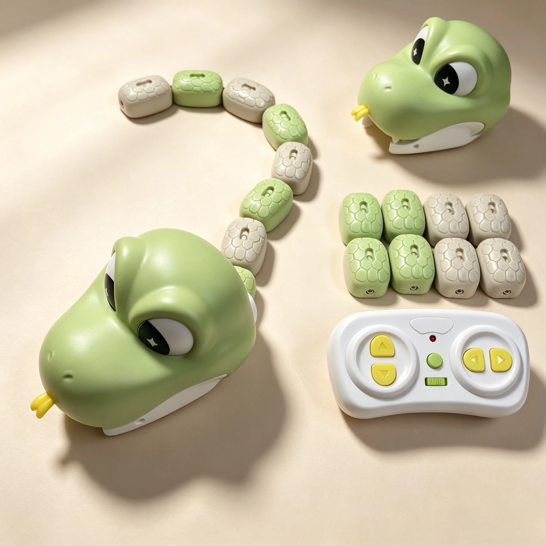 Green snake toy arrangement with loose green and beige body segments and a wireless remote