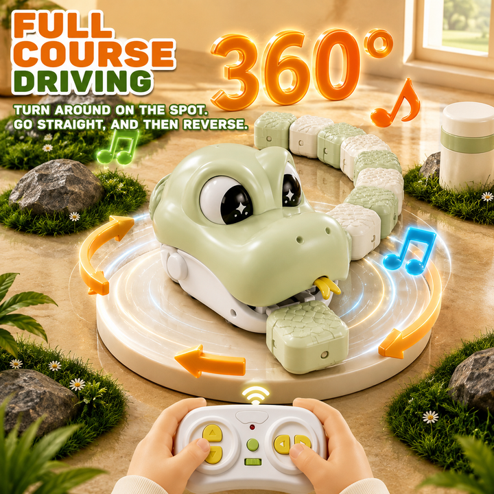 Green snake toy shown turning with directional arrows while a child holds the wireless remote