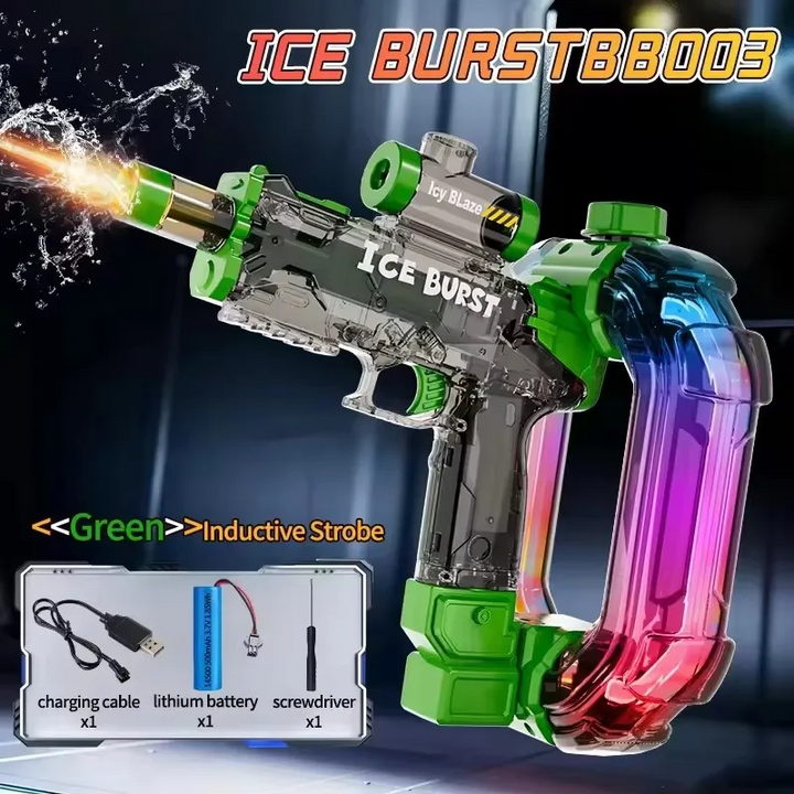 Green automatic water gun with a transparent body, USB cable, battery, and mini screwdriver.