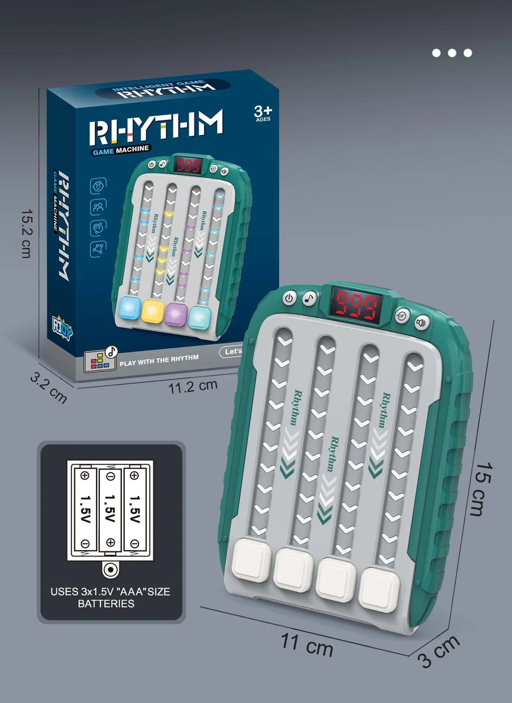 Green speed game with retail box, dimension labels, and a three-AAA battery diagram