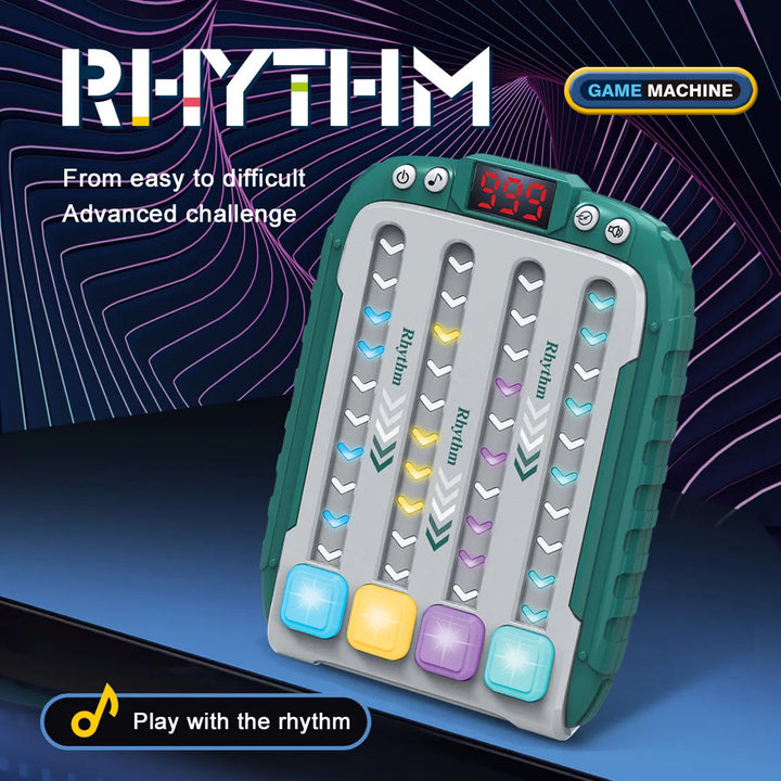 Green handheld speed game with colored lights, four buttons, and an easy-to-difficult play graphic