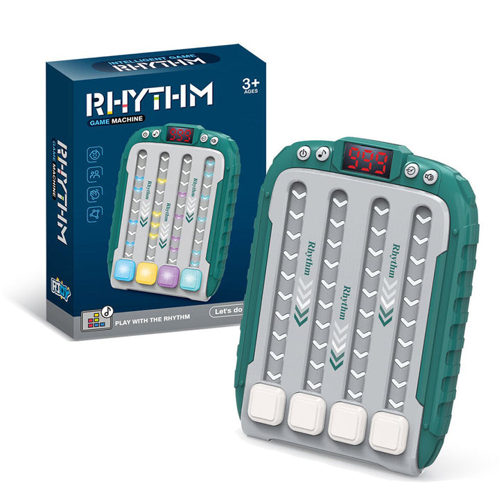 Green four-button speed game beside its retail box