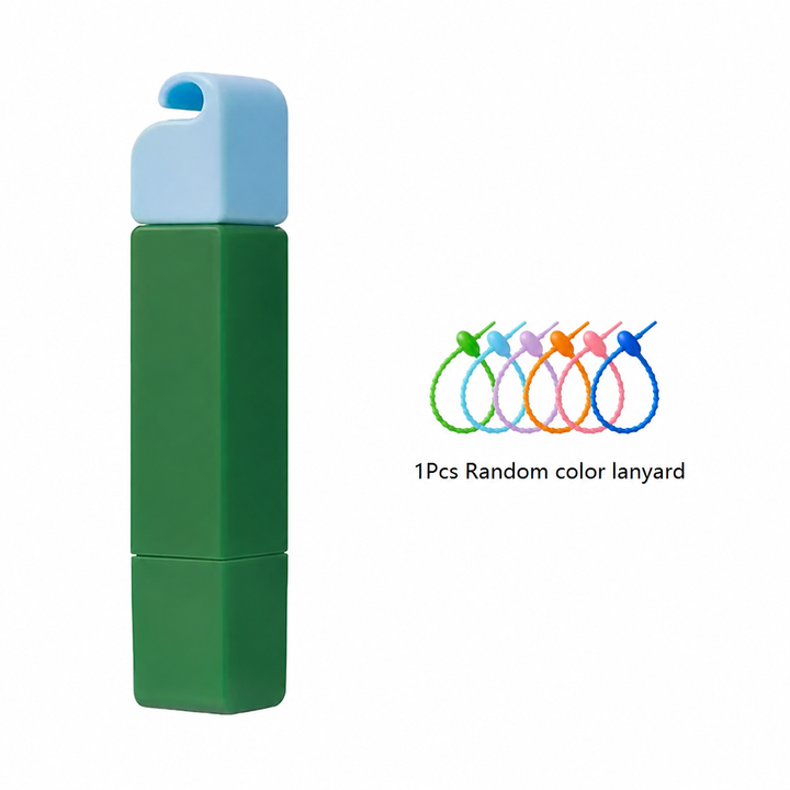 Green stain remover pen with a blue cap and assorted lanyard colors shown