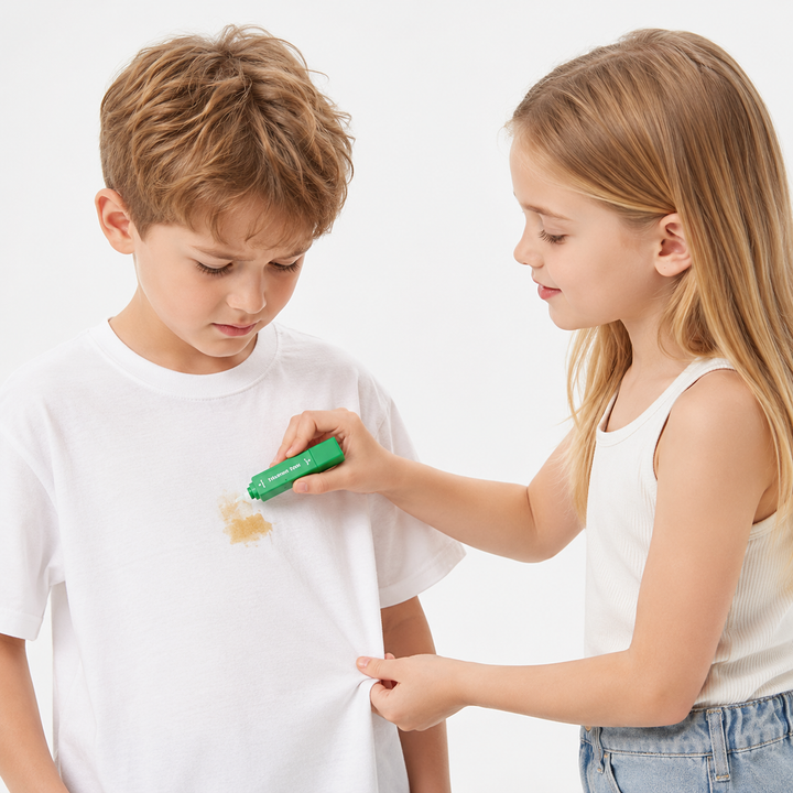 Green stain remover pen being applied to a small stain on a white T-shirt