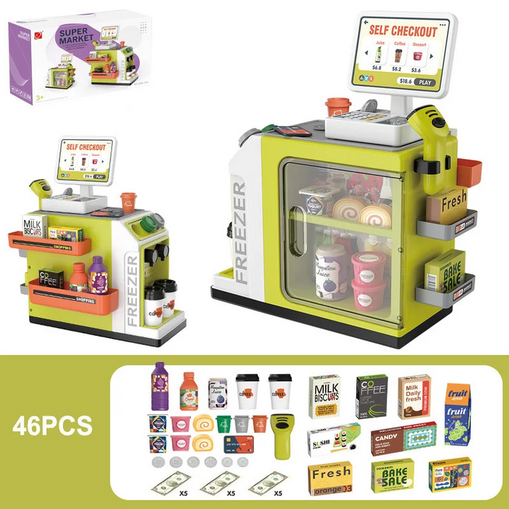 Green 46-piece supermarket play set with groceries, scanner, play money and accessories