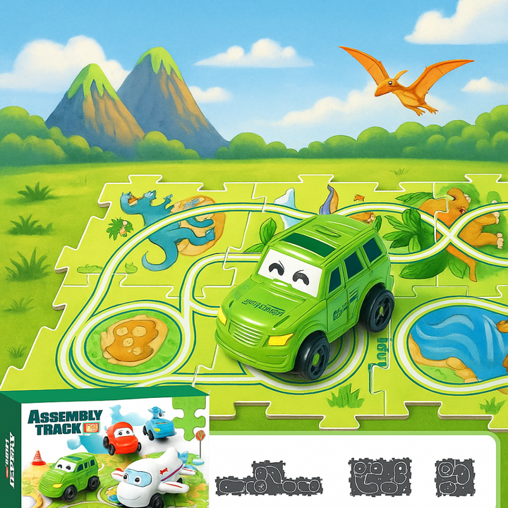 Green SUV toy on a dinosaur-themed puzzle track with layout examples