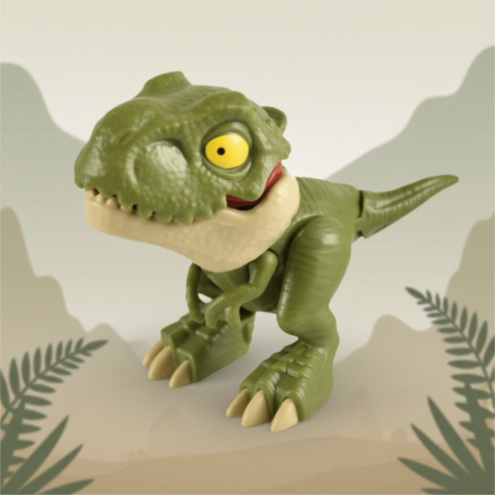 Green T-Rex toy with yellow eyes and a cream-colored jaw