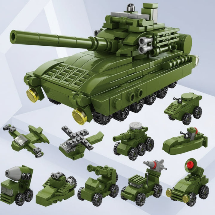 Green tank building model with a long barrel and smaller military vehicle builds