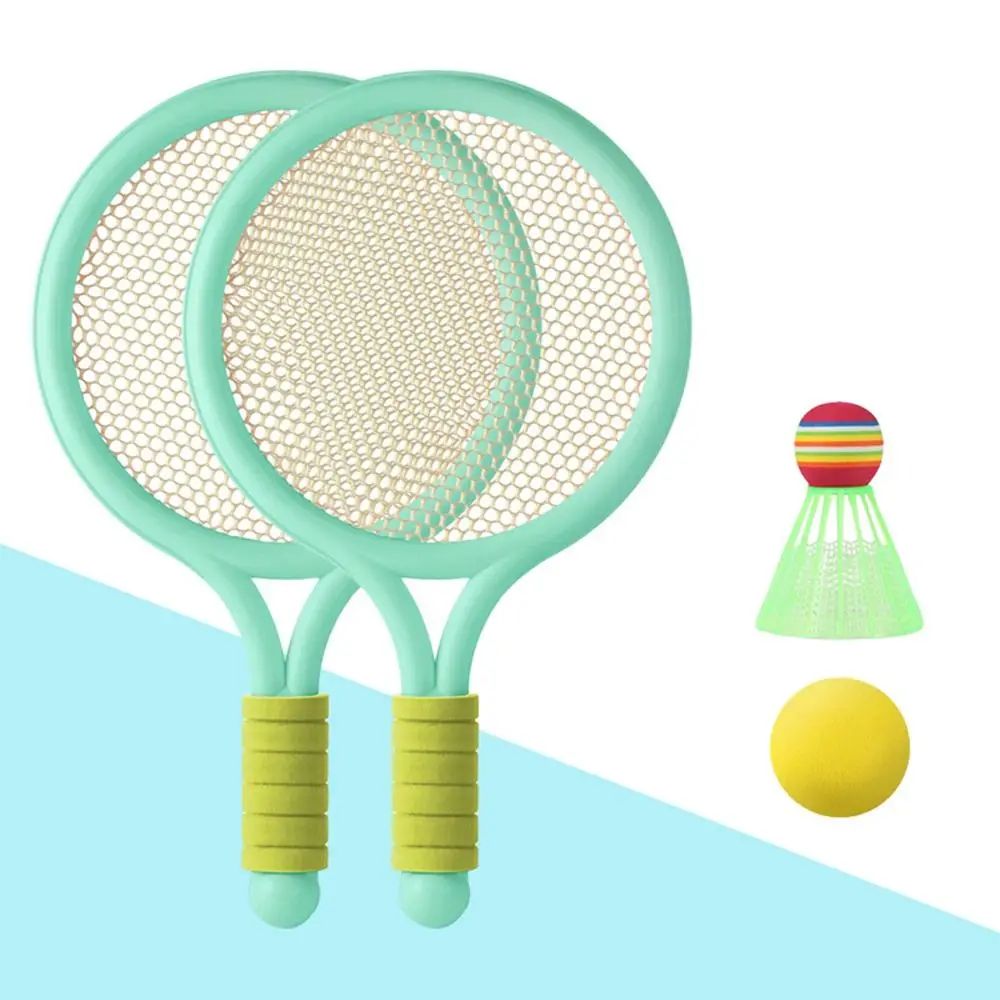 Two green rackets with yellow-green grips, a yellow ball and green shuttlecock