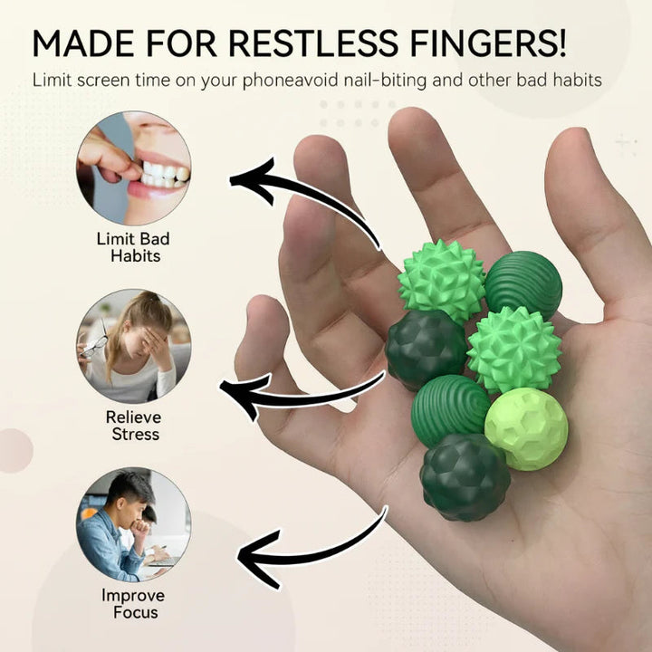Green magnetic fidget beads in a palm with illustrations of everyday fidgeting uses
