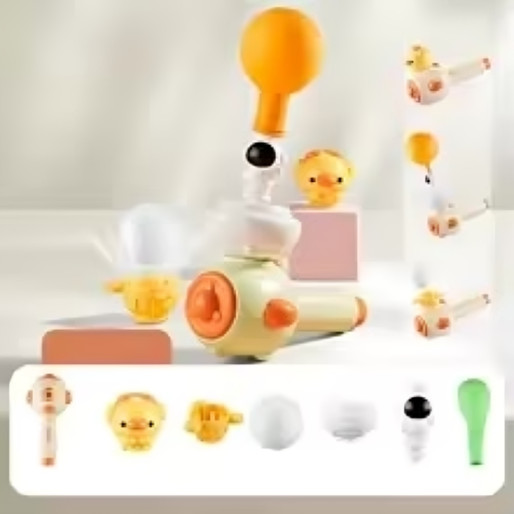 Green 3-in-1 blowing toy with its attachments arranged below the activity display.