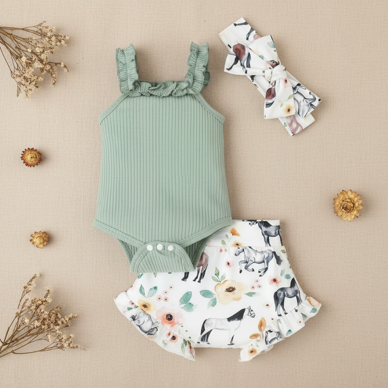 Green three-piece baby outfit with ribbed romper, animal-print shorts and bow headband