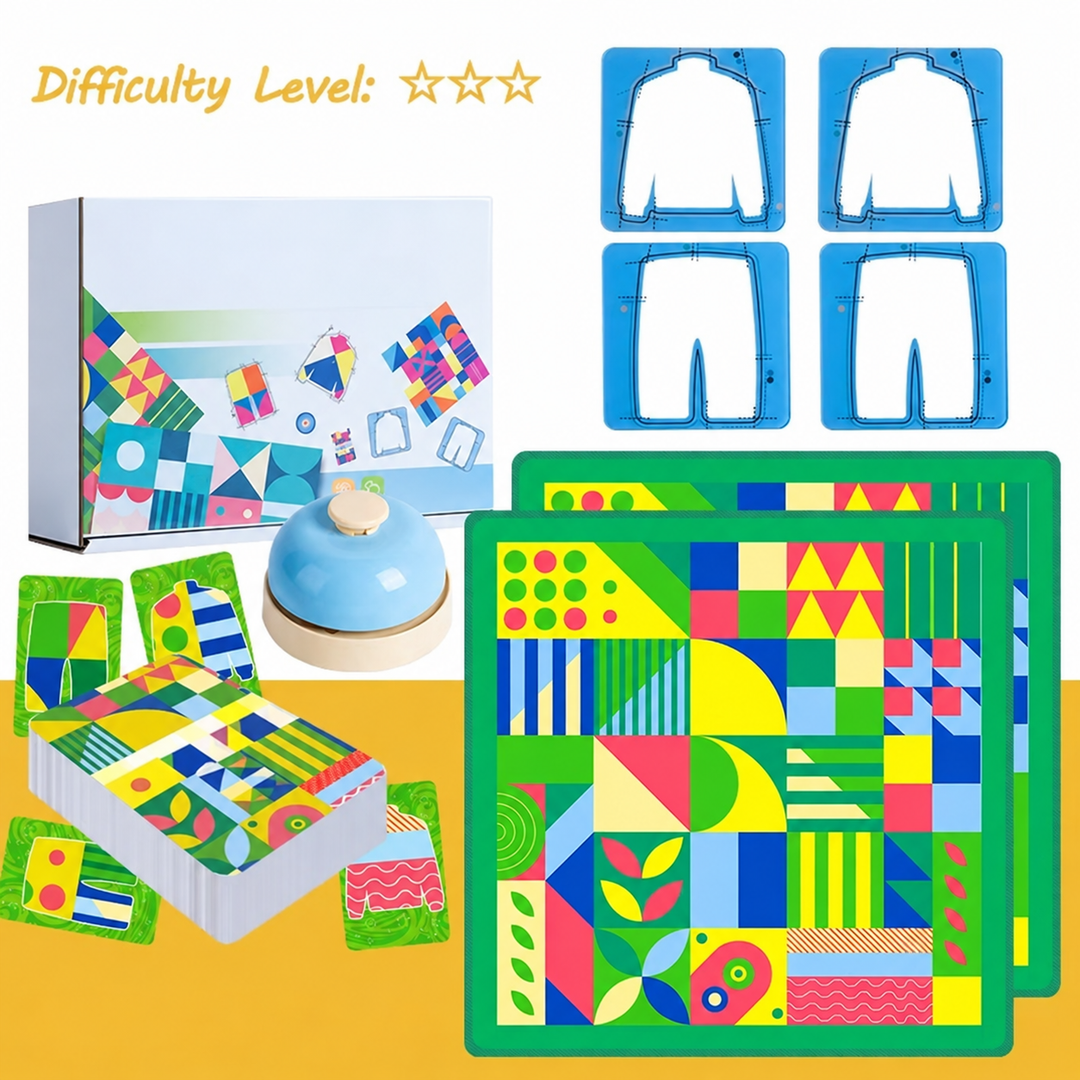 Green pattern-matching game with clothing-shaped frames, goal cards, a bell, and three-star difficulty.