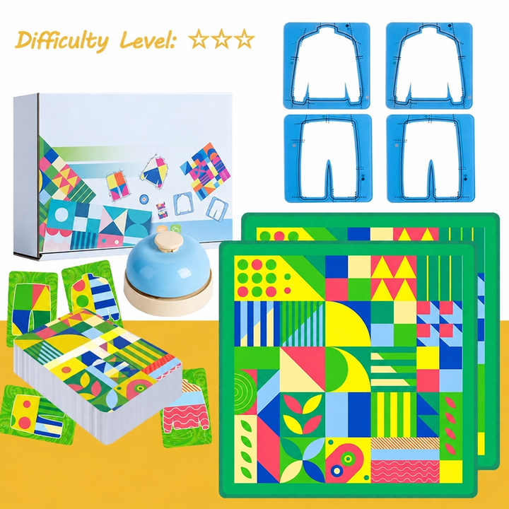 Green pattern-matching game with clothing-shaped frames, goal cards, a bell, and three-star difficulty.
