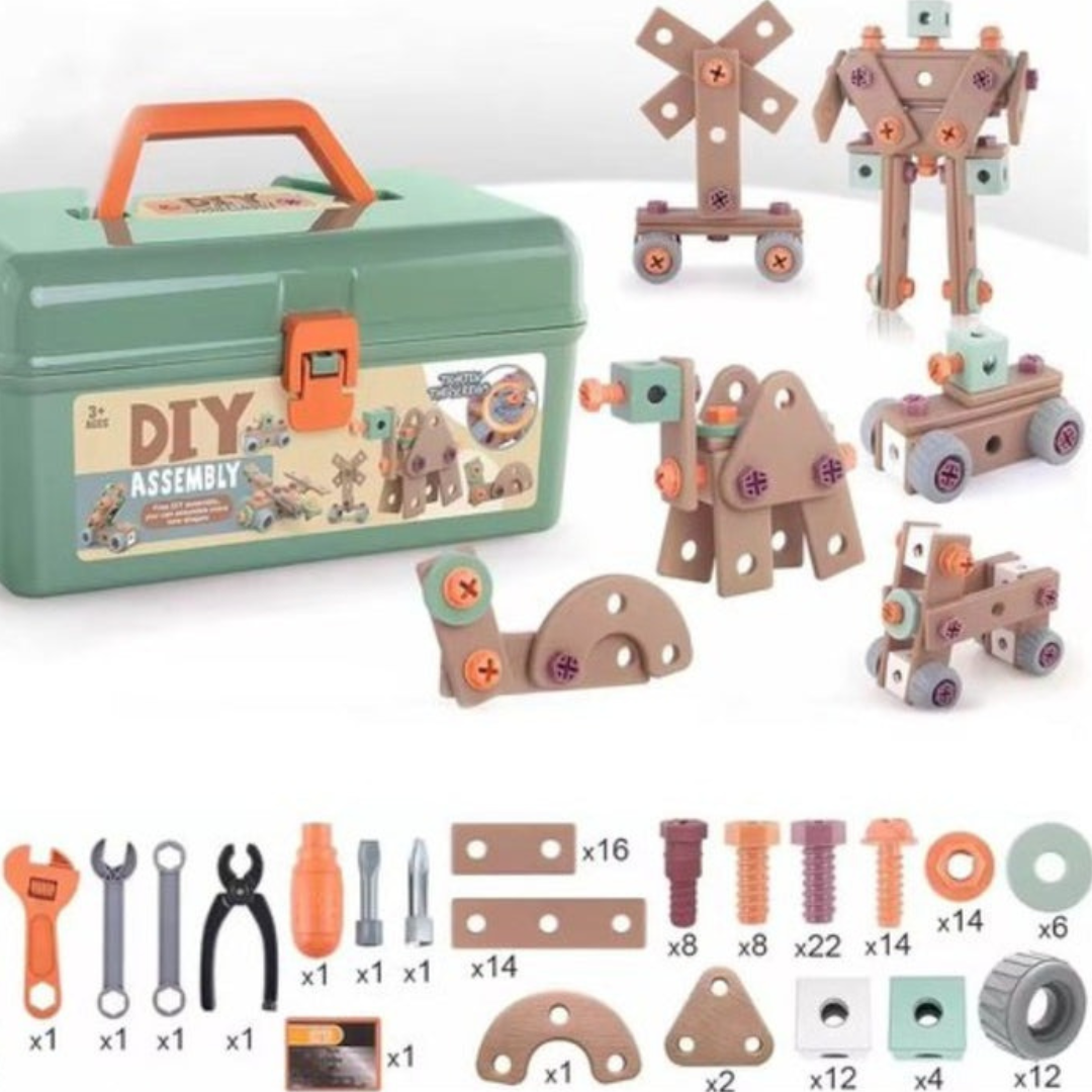 Green toolbox beside assembled wheeled models and a chart of tools and building parts