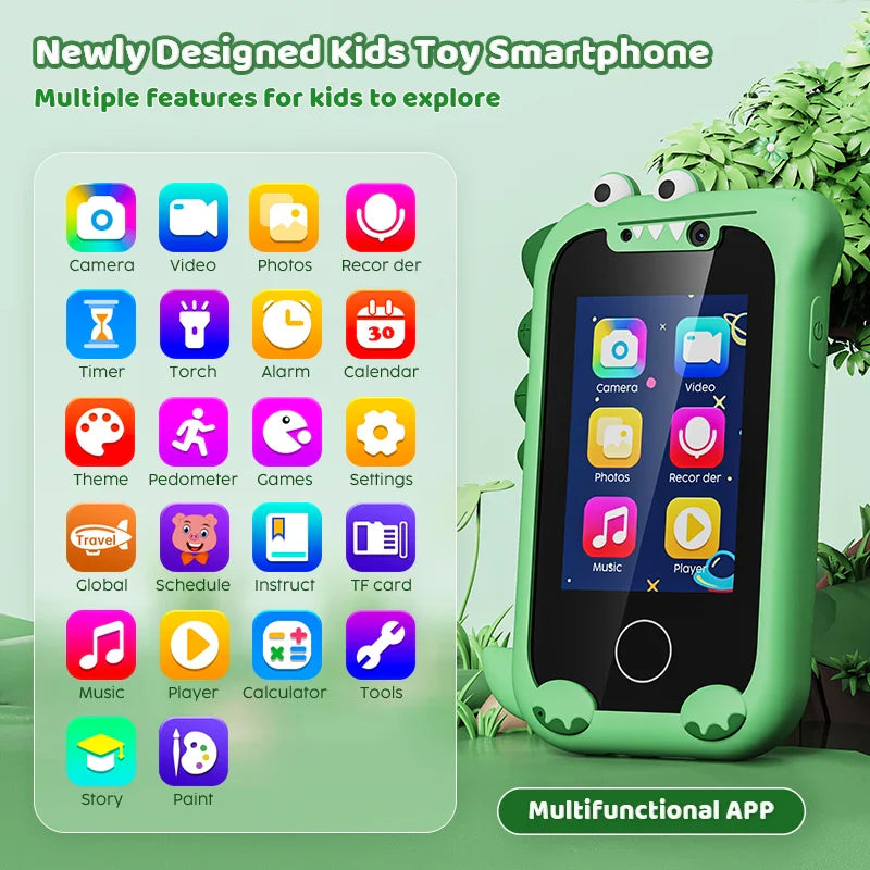 Green dinosaur toy phone beside icons for cameras, music, games and everyday tools