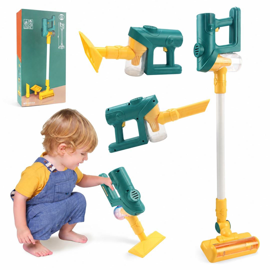 Green and yellow toy vacuum with upright and handheld configurations, packaging, and a child playing