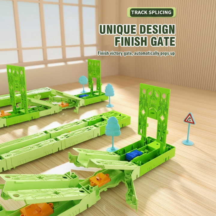 Green finish track sections with upright finish gates and toy cars