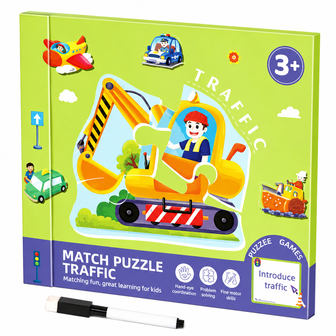 Green Traffic puzzle book with an excavator illustration and a drawing pen below.