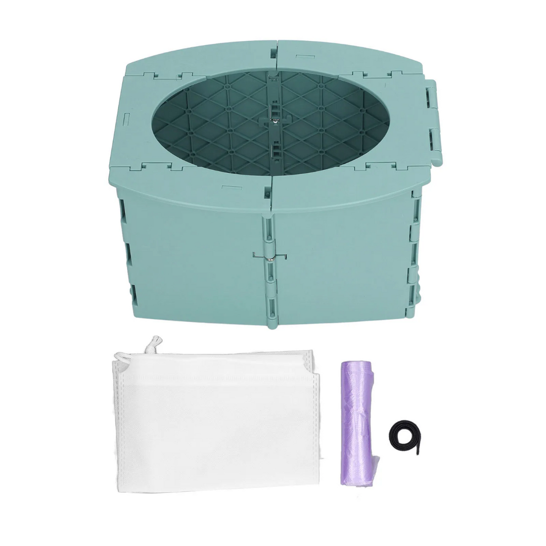 Green folding potty with a white storage pouch and a roll of disposable bags