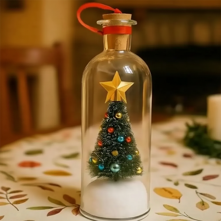 Christmas bottle ornament with a green miniature tree and red hanging loop on a patterned table