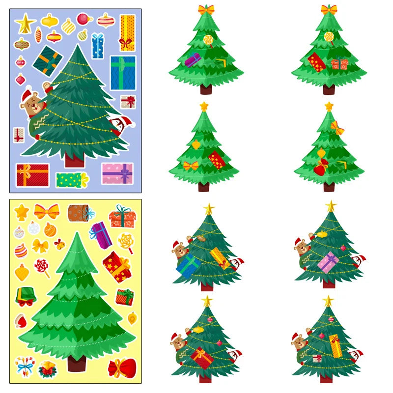 Two Christmas tree sticker sheets beside examples of decorated green trees
