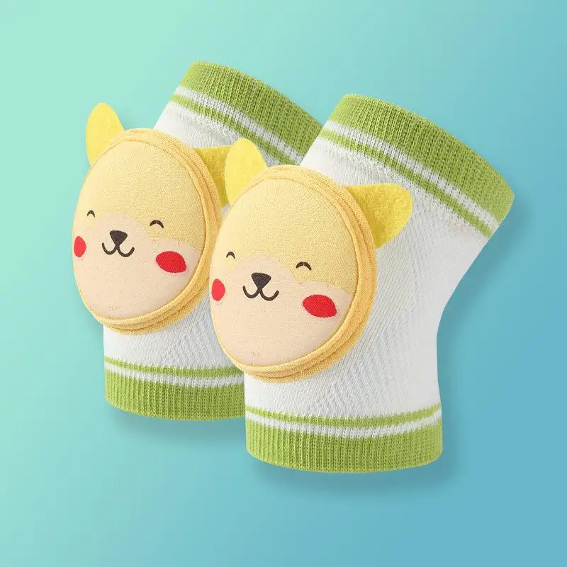 Pair of cat-face knee pads with white knit sleeves and green ribbed edges.