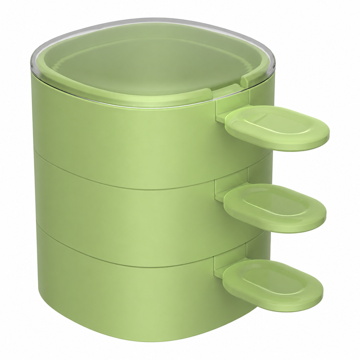 Green three-mold option shown stacked with three matching spoons and a transparent top lid.