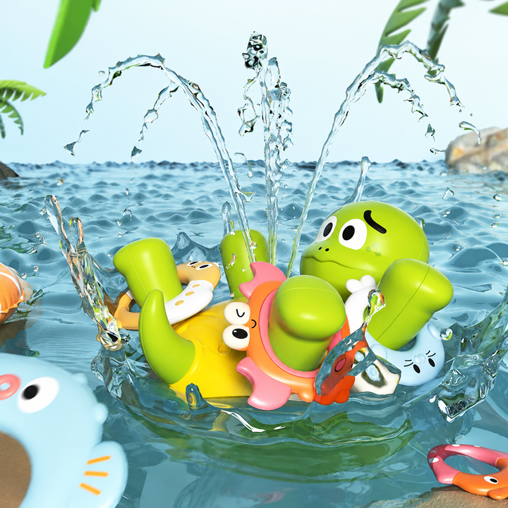 Green and yellow turtle bath toy spraying water with colorful rings around its flippers.